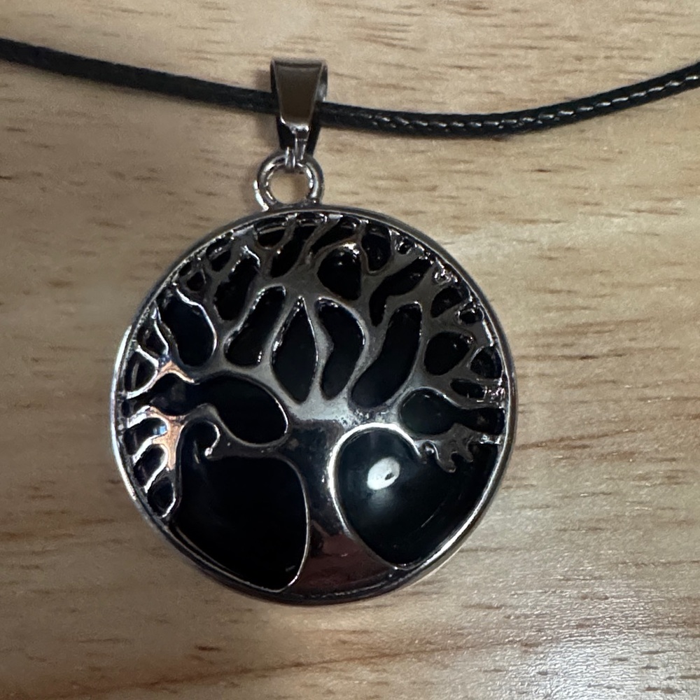 Silver Tree of Life Pendant Necklace in Black